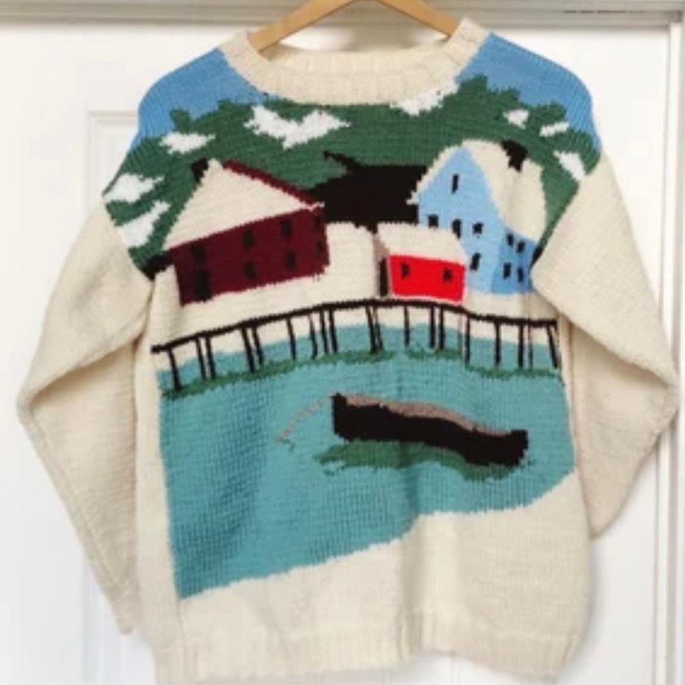 Vintage Wool Sweater Large Knit Village Scene, Cottagecore, Boat Dock Landscape